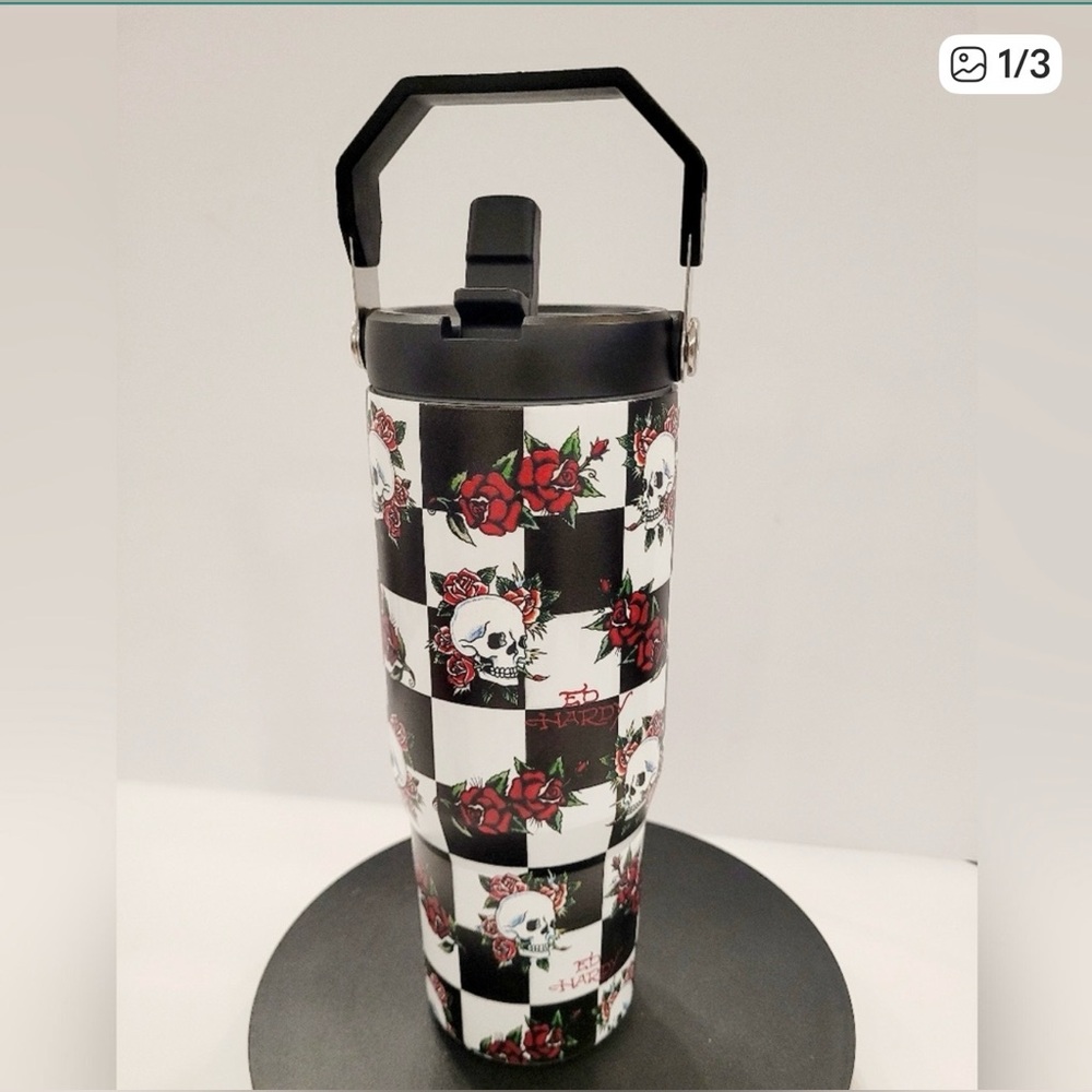 Ed Hardy Skull and Roses Checkered Tumbler with flip straw and handle! New